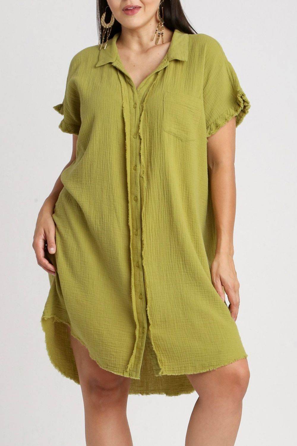 Umgee Full Size Raw Hem Button Down Short Sleeve Gauze Shirt Dress Plus Size - Shop Style & More | Fresh Looks, Everyday Deals & Free Shipping