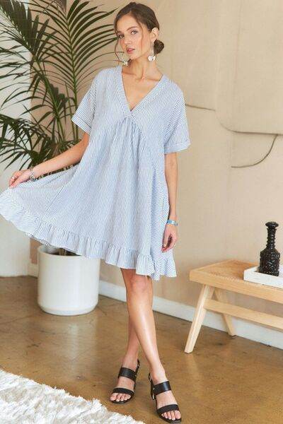 ADORA Ruffled Hem Striped V-Neck Babydoll Dress - Shop Style & More | Fresh Looks, Everyday Deals & Free Shipping