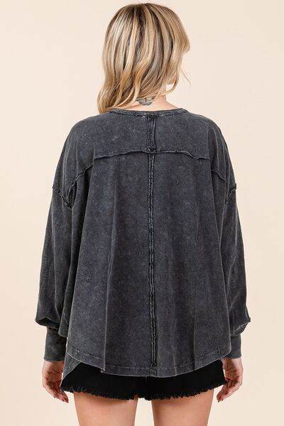 Mittoshop Mineral Wash V-Neck Long Sleeve Oversized Top - Shop Style & More | Fresh Looks, Everyday Deals & Free Shipping