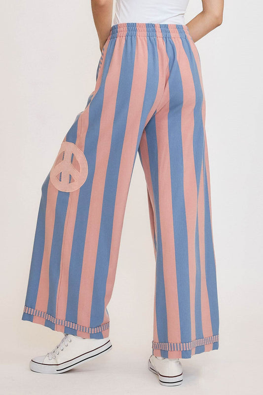 Umgee Peace Sign Patch Striped Wide Leg Pants - Shop Style & More | Fresh Looks, Everyday Deals & Free Shipping