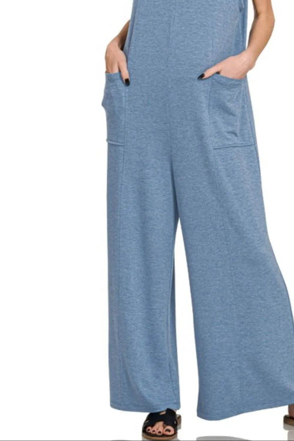 Zenana French Terry Deep V Neck Jumpsuits - Shop Style & More | Fresh Looks, Everyday Deals & Free Shipping