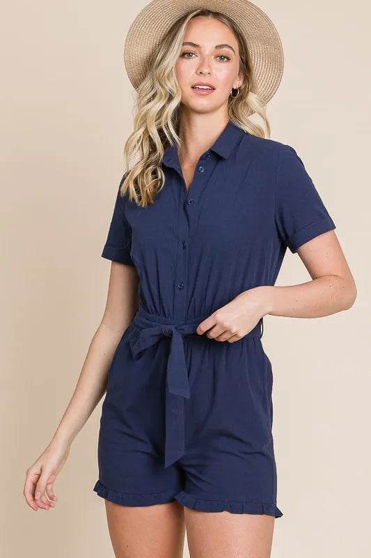 Lime 'N' Chili Collared Button Down Romper with Tie Belt - Shop Style & More | Fresh Looks, Everyday Deals & Free Shipping