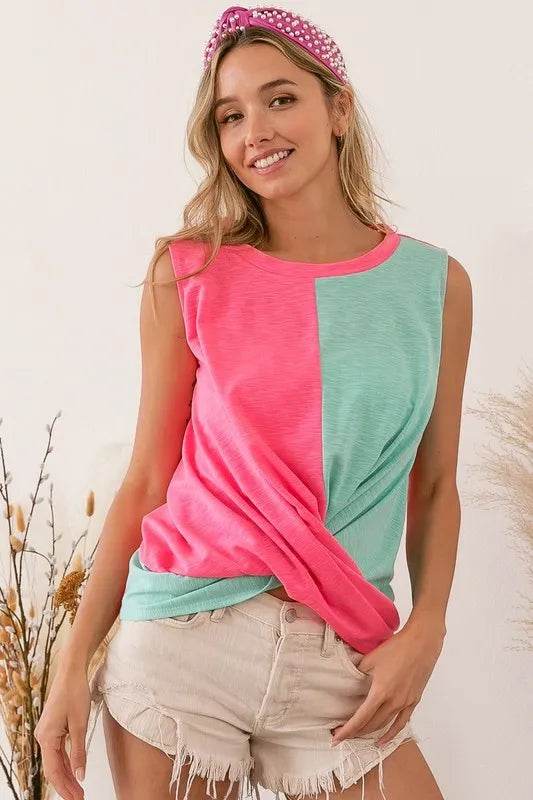 BiBi Slub Terry Color Block Twisted Top - Shop Style & More | Fresh Looks, Everyday Deals & Free Shipping