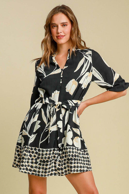 Umgee Full Size Floral Print Notched Tie Waist Mini Dress Plus Size - Shop Style & More | Fresh Looks, Everyday Deals & Free Shipping