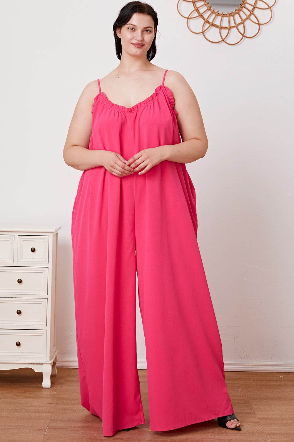 Double Take Full Size Ruffle Trim Tie Back Cami Jumpsuit with Pockets - Shop Style & More | Fresh Looks, Everyday Deals & Free Shipping