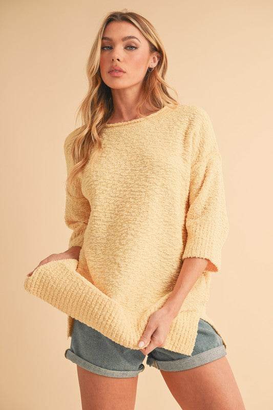 Aemi + Co Side Slit Ribbed Hem Round Neck Sweater - Shop Style & More | Fresh Looks, Everyday Deals & Free Shipping