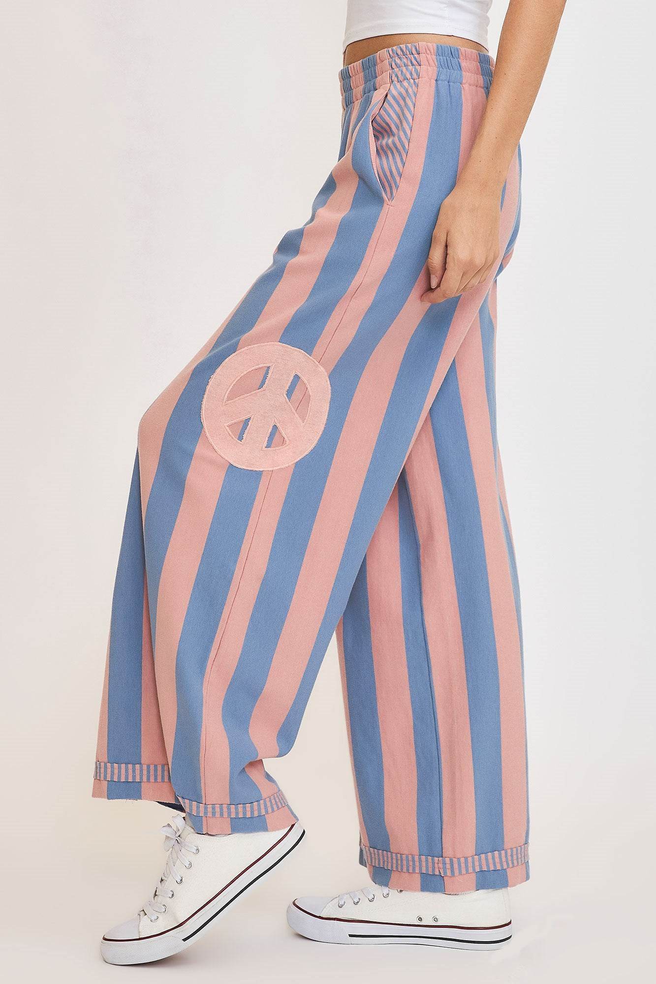 Umgee Peace Sign Patch Striped Wide Leg Pants - Shop Style & More | Fresh Looks, Everyday Deals & Free Shipping