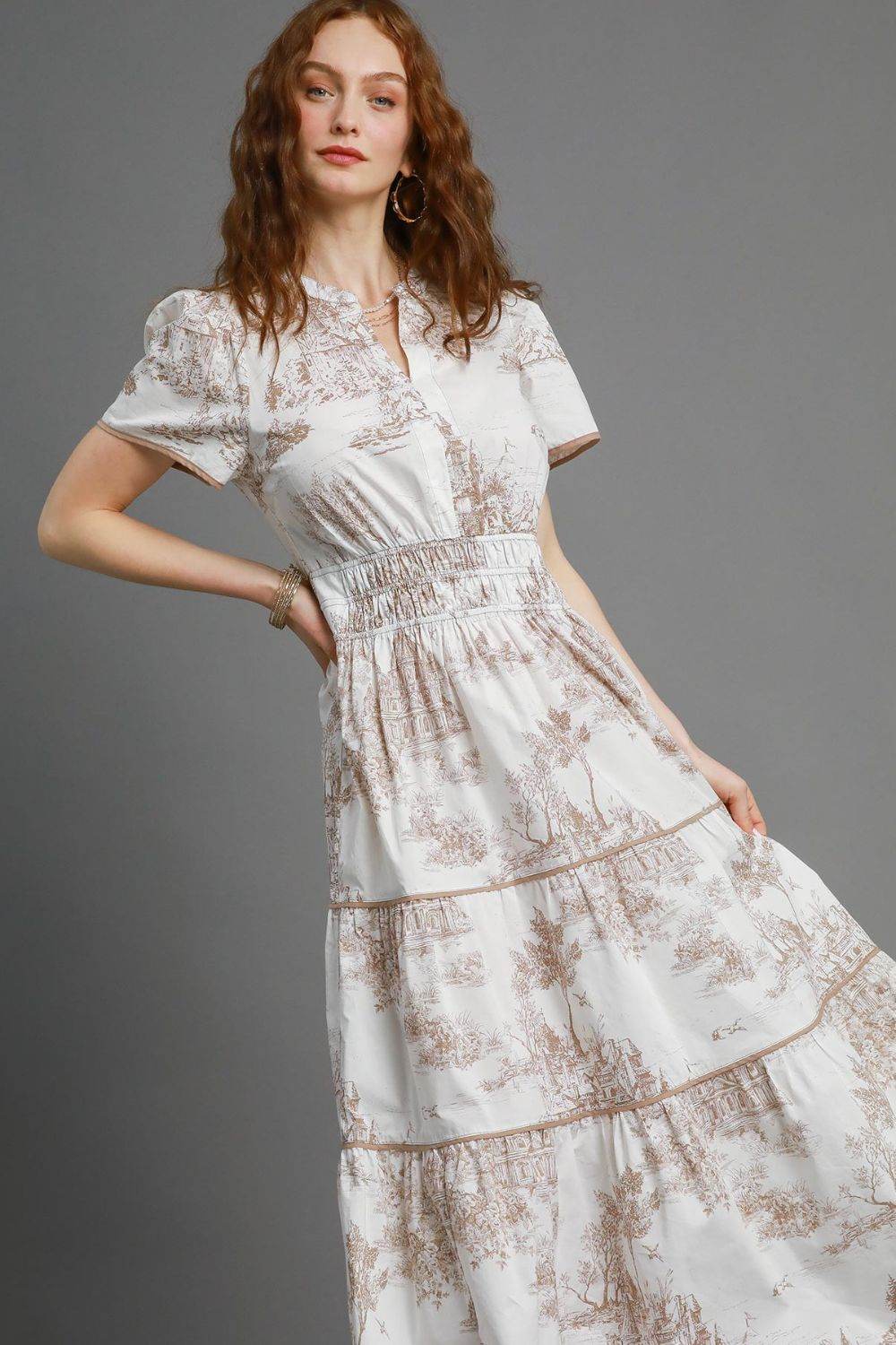 Umgee Full Size Landscape Print Short Sleeve Tiered Maxi Dress Plus Size - Shop Style & More | Fresh Looks, Everyday Deals & Free Shipping