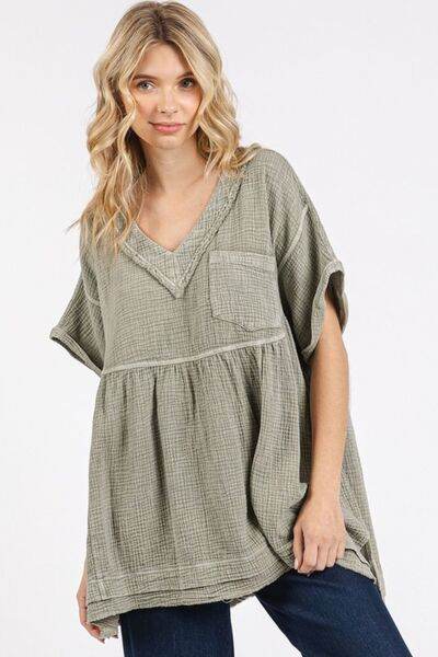 Mittoshop Mineral Wash Gauze Babydoll V-Neck Oversized Blouse - Shop Style & More | Fresh Looks, Everyday Deals & Free Shipping