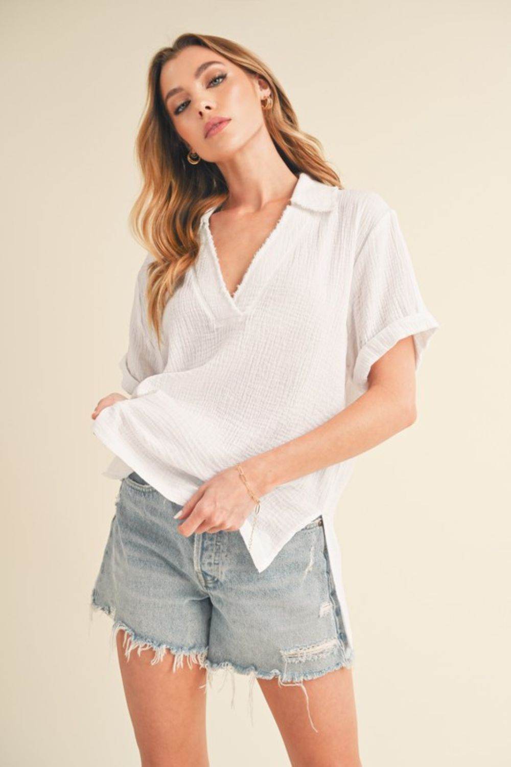Aemi + Co Side Slit Johnny Collar Short Sleeve Cotton Gauze Blouse - Shop Style & More | Fresh Looks, Everyday Deals & Free Shipping