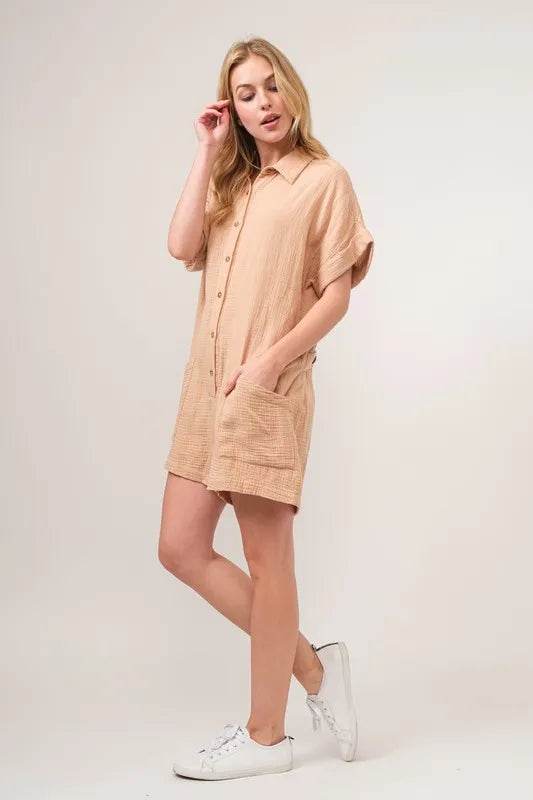 And The Why Washed Gauze Roll-up Sleeve Comfort Utility Romper - Shop Style & More | Fresh Looks, Everyday Deals & Free Shipping