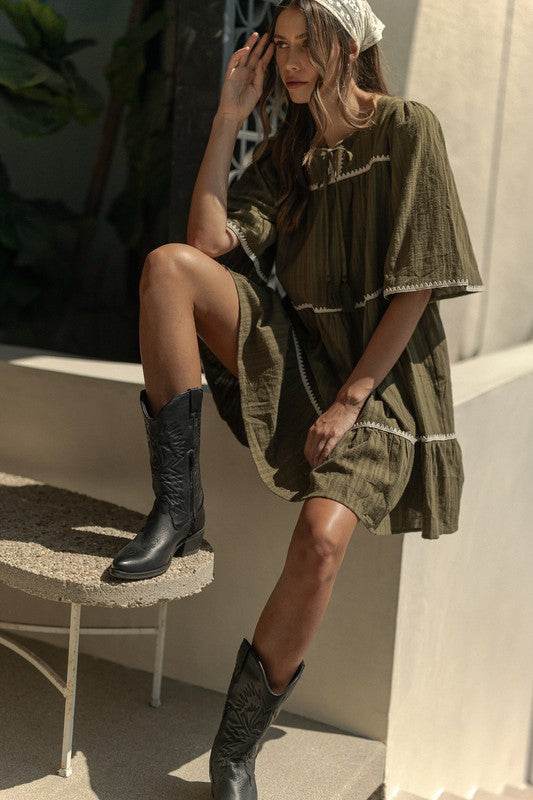 Annie Wear Tassel Contrast Trim Tie Neck Half Sleeve Tiered Dress - Shop Style & More | Fresh Looks, Everyday Deals & Free Shipping