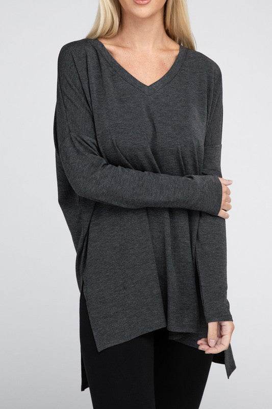 Dolman Long Sleeve V-Neck Side Slit Hi-Low Hem Top - Shop Style & More | Fresh Looks, Everyday Deals & Free Shipping