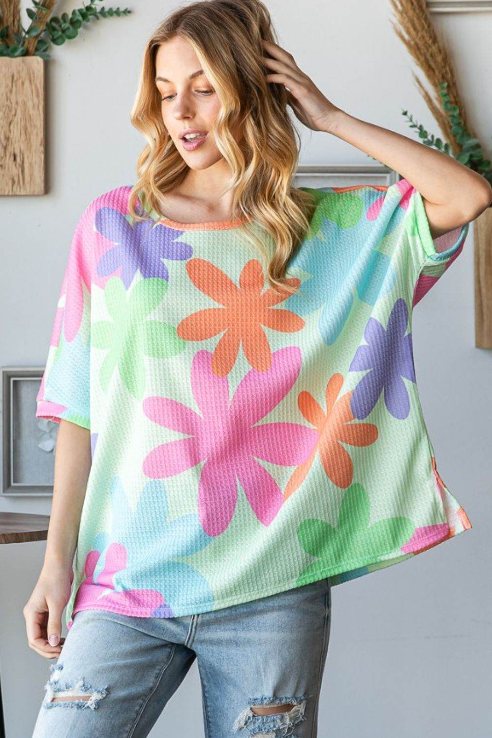 HOPELY Floral Round Neck Waffle T-Shirt - Shop Style & More | Fresh Looks, Everyday Deals & Free Shipping