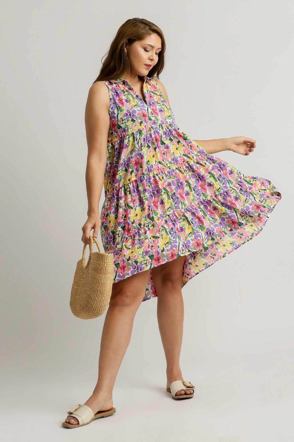 Umgee Full Size High-Low Hem Floral Sleeveless Tiered Dress Plus Size - Shop Style & More | Fresh Looks, Everyday Deals & Free Shipping