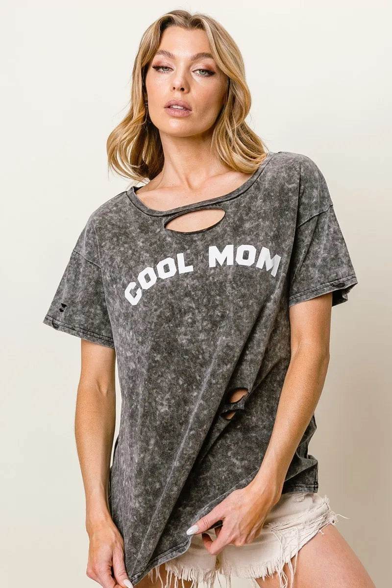 BiBi Washed Laser Cut Detail Cool Mom Print Top - Shop Style & More | Fresh Looks, Everyday Deals & Free Shipping