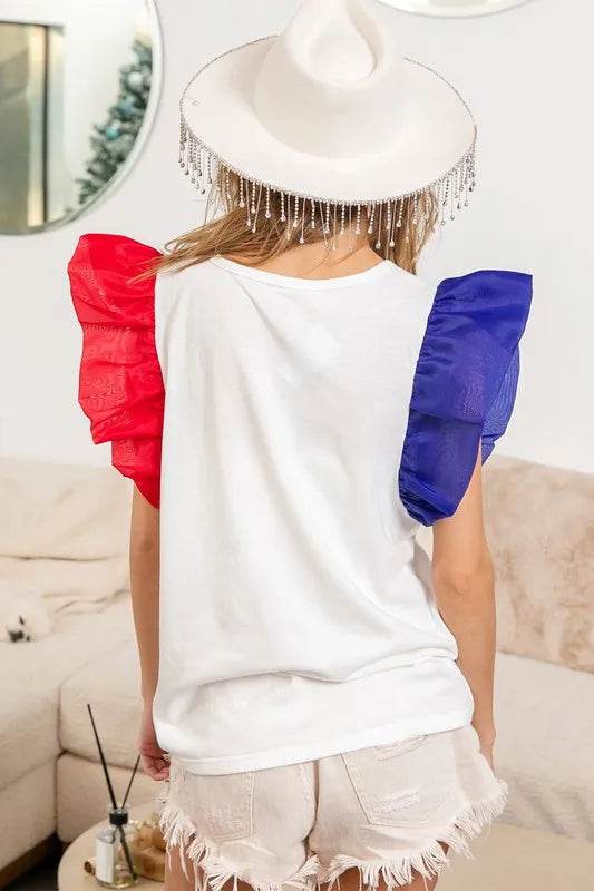 BiBi USA Theme Color Block Organza Ruffle Sleeve Top - Shop Style & More | Fresh Looks, Everyday Deals & Free Shipping