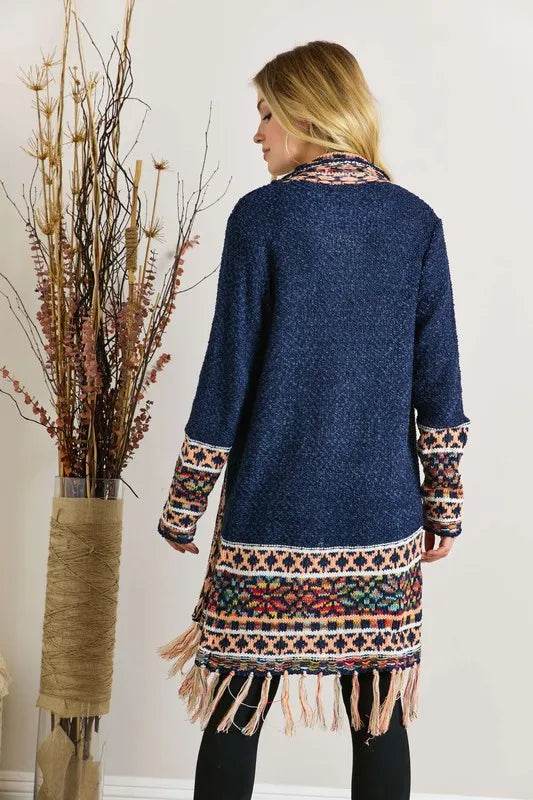 ADORA Full Size Fringe Hem Aztec Border Cardigan Plus Size - Shop Style & More | Fresh Looks, Everyday Deals & Free Shipping
