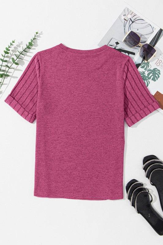 Alma Ribbed Splicing Sleeve Round Neck Top - Shop Style & More | Fresh Looks, Everyday Deals & Free Shipping