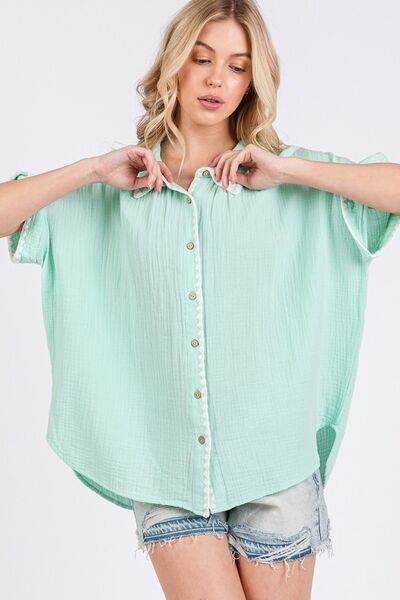 SAGE+FIG Boho Contrast Zigzag Trim Gauze Button-Up Shirt - Shop Style & More | Fresh Looks, Everyday Deals & Free Shipping