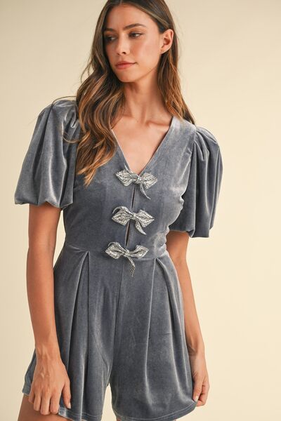 Mable Jewel Bow Decor Puff Sleeve Velvet Romper Jumpsuits