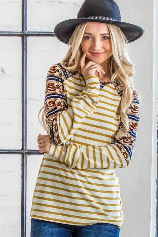 And The Why Stripe Ethnic Print Raglan Top - Shop Style & More | Fresh Looks, Everyday Deals & Free Shipping