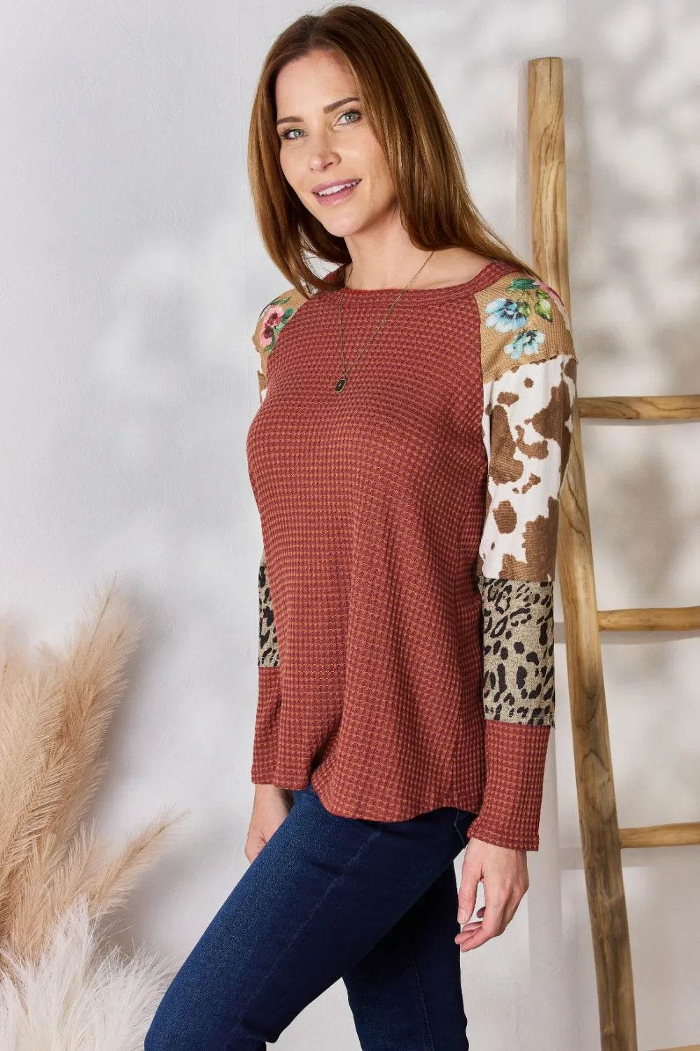 Hailey & Co Full Size Leopard Waffle-Knit Blouse - Shop Style & More | Fresh Looks, Everyday Deals & Free Shipping