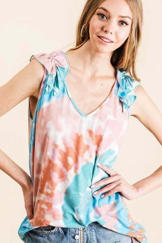 BiBi Circular Tie Dye Knit V Neck Top With Ruffle - Shop Style & More | Fresh Looks, Everyday Deals & Free Shipping