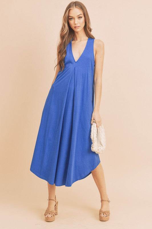 Aemi + Co Front Pleat Detail V-Neck Sleeveless Midi Dress - Shop Style & More | Fresh Looks, Everyday Deals & Free Shipping