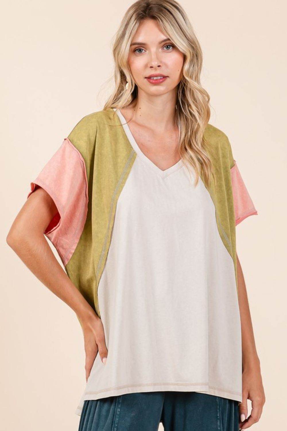 Mittoshop Color Block V-Neck Short Sleeve T-Shirt - Shop Style & More | Fresh Looks, Everyday Deals & Free Shipping