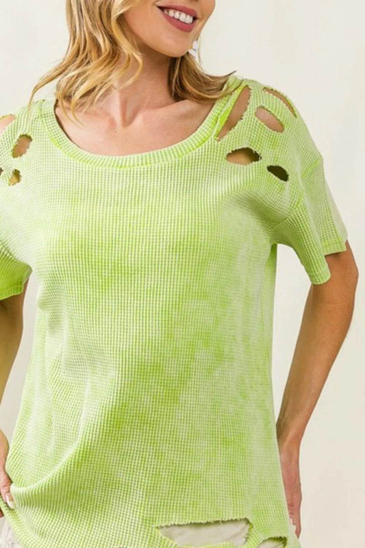 BiBi Laser Cut Mineral Washed Loose Fit Thermal Top - Shop Style & More | Fresh Looks, Everyday Deals & Free Shipping