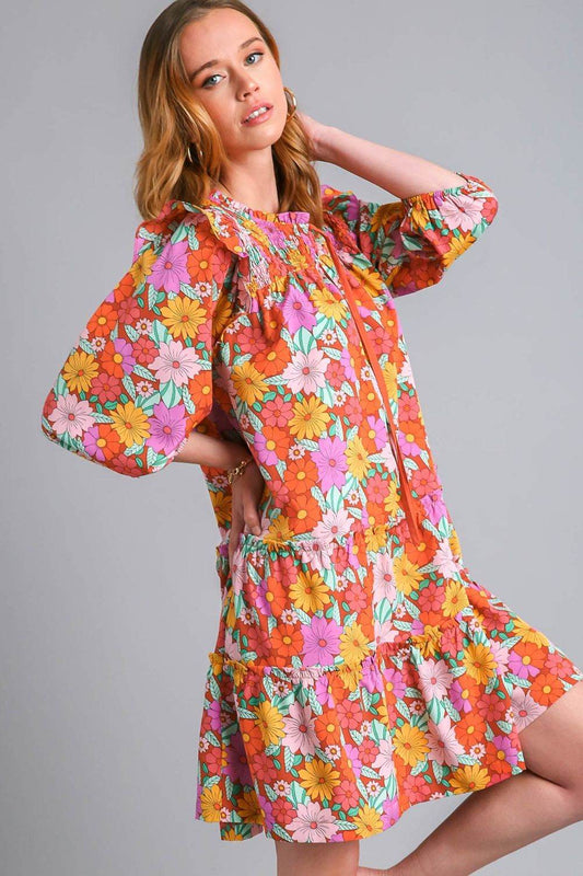 Umgee Full Size Ruffled Flower Print Tie Neck Tiered Dress Plus Size - Shop Style & More | Fresh Looks, Everyday Deals & Free Shipping
