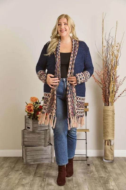 ADORA Full Size Fringe Hem Aztec Border Cardigan Plus Size - Shop Style & More | Fresh Looks, Everyday Deals & Free Shipping