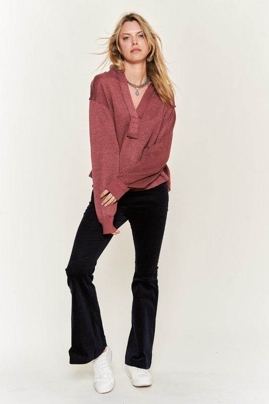 Deep V-neck Collared Long sleeve Knit Top JJT1024 - Shop Style & More | Fresh Looks, Everyday Deals & Free Shipping