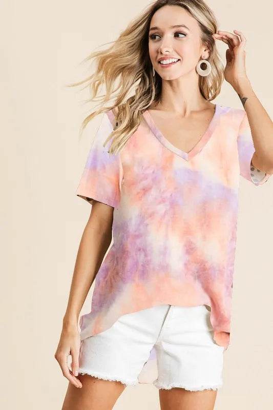 BiBi Tie Dye French Terry V Neck Top - Shop Style & More | Fresh Looks, Everyday Deals & Free Shipping