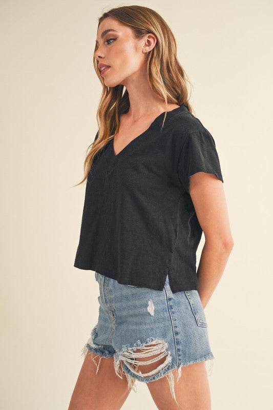 Aemi + Co Side Slit V-Neck Short Sleeve Cropped T-Shirt - Shop Style & More | Fresh Looks, Everyday Deals & Free Shipping