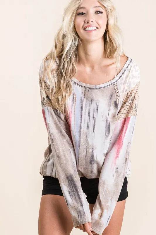 BiBi Tie Dye Knit Top with Print Block Shoulder - Shop Style & More | Fresh Looks, Everyday Deals & Free Shipping