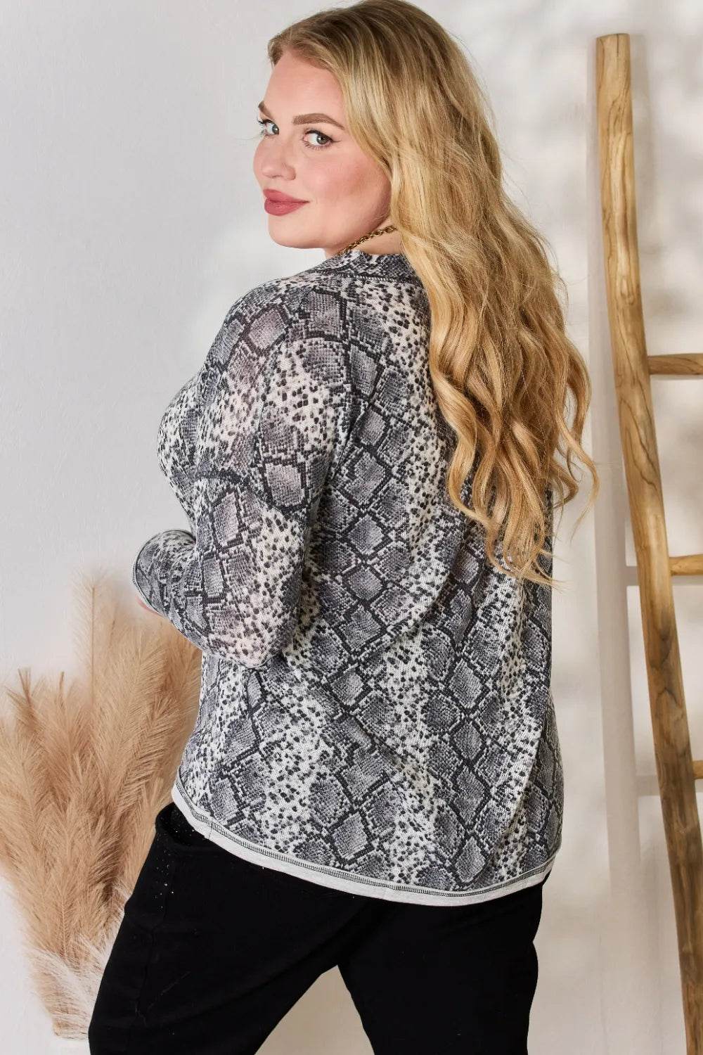 Hailey & Co Full Size Snakeskin V-Neck Long Sleeve Top - Shop Style & More | Fresh Looks, Everyday Deals & Free Shipping