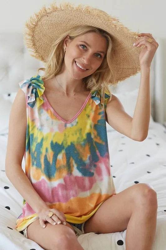 BiBi Circular Tie Dye Knit V Neck Top With Ruffle - Shop Style & More | Fresh Looks, Everyday Deals & Free Shipping