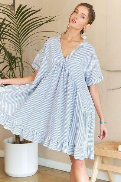 ADORA Ruffled Hem Striped V-Neck Babydoll Dress - Shop Style & More | Fresh Looks, Everyday Deals & Free Shipping