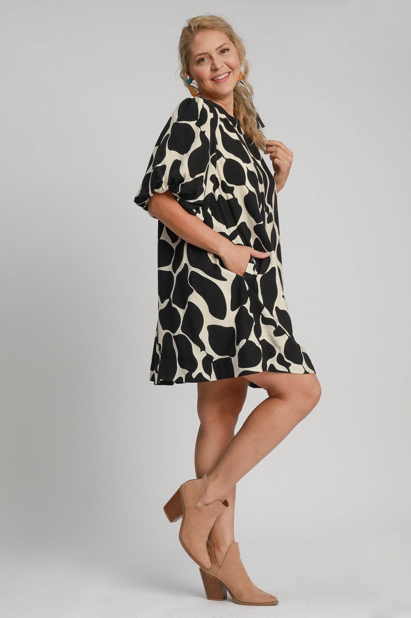 Umgee Full Size Two Tone Abstract Print Puff Sleeve Dress Plus Size - Shop Style & More | Fresh Looks, Everyday Deals & Free Shipping
