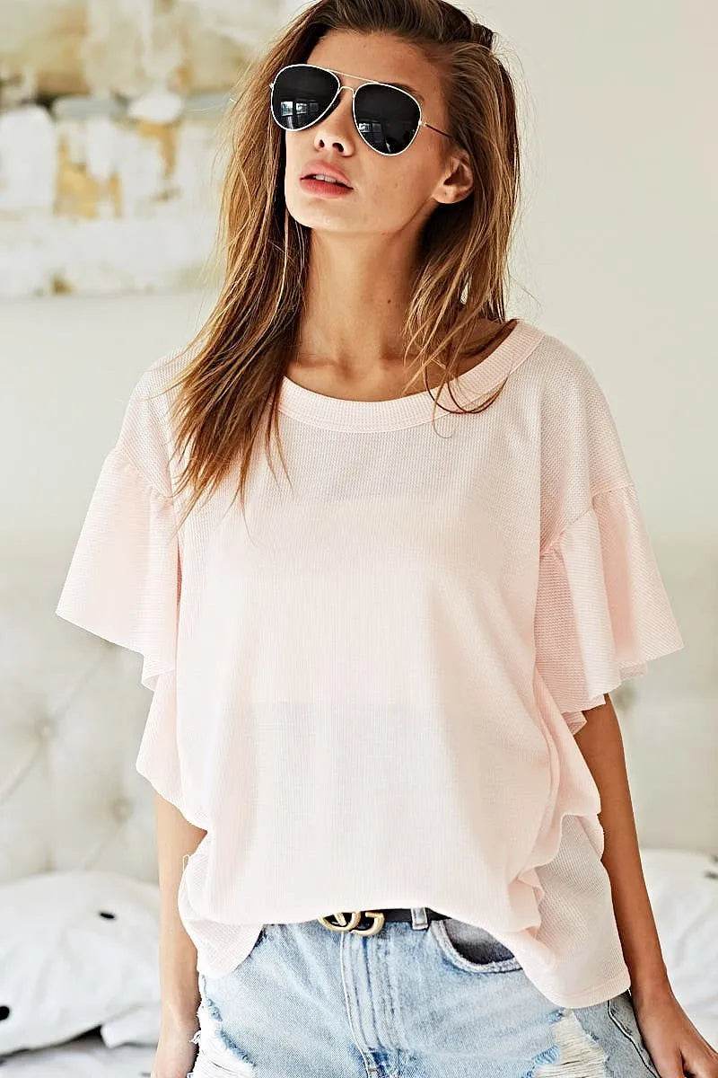 BiBi Thermal Knit with Ruffled Sleeve Top - Shop Style & More | Fresh Looks, Everyday Deals & Free Shipping