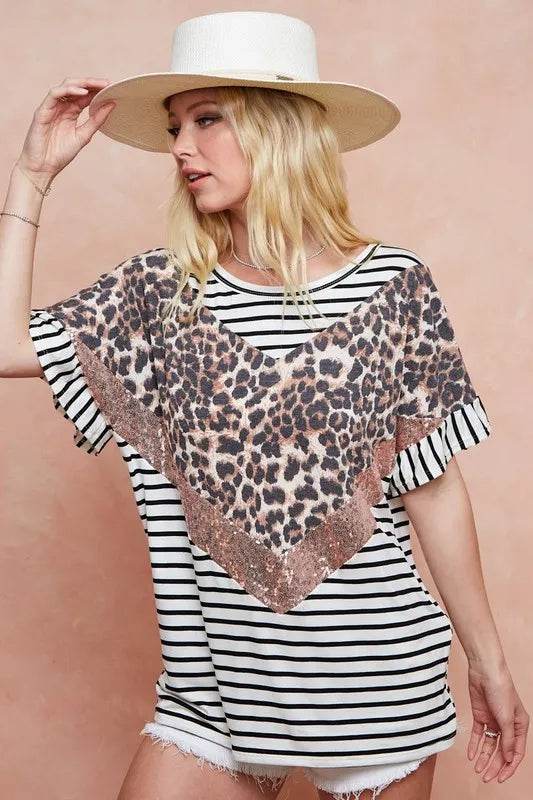 BiBi Stripe Rayon Span Knit Color Block Top With Leopard - Shop Style & More | Fresh Looks, Everyday Deals & Free Shipping