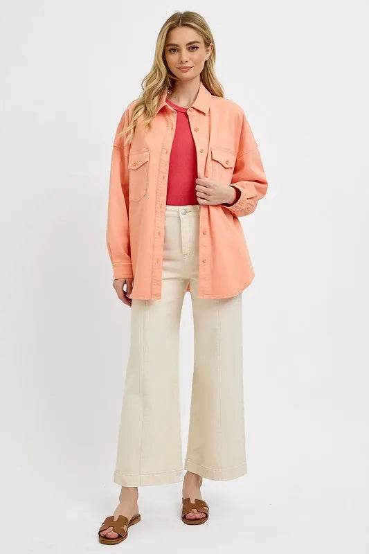 RISEN Full Size Button Down Long Sleeve Denim Shacket with Chest Pockets Plus Size - Shop Style & More | Fresh Looks, Everyday Deals & Free Shipping