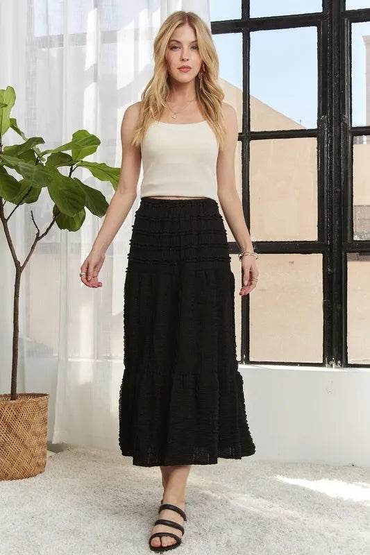 ADORA Elastic Waistband Tiered Midi Skirt - Shop Style & More | Fresh Looks, Everyday Deals & Free Shipping