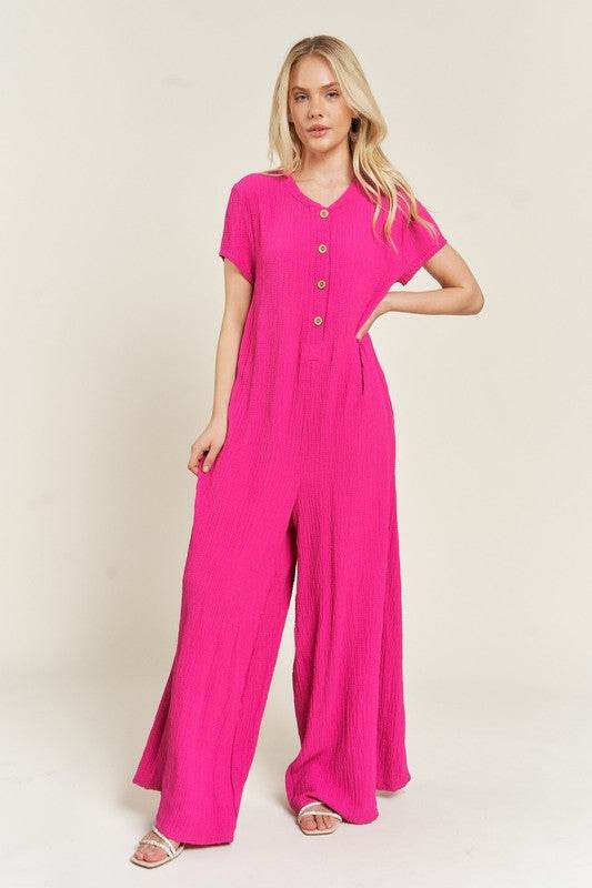 TEXTURED SHORT SLEEVE JUMPSUIT - Shop Style & More | Fresh Looks, Everyday Deals & Free Shipping