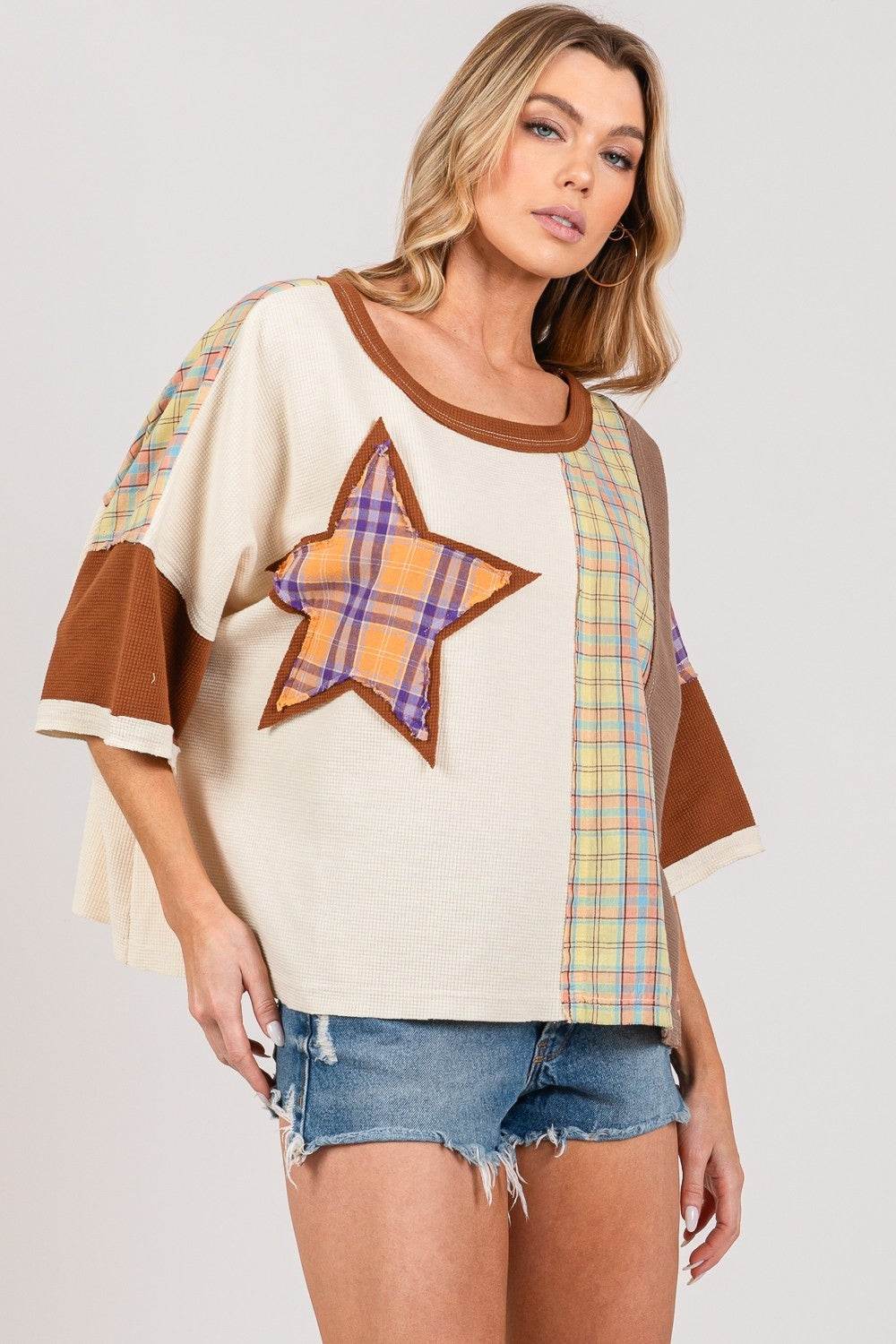 SAGE + FIG Round Neck Plaid Star Patch T-Shirt - Shop Style & More | Fresh Looks, Everyday Deals & Free Shipping