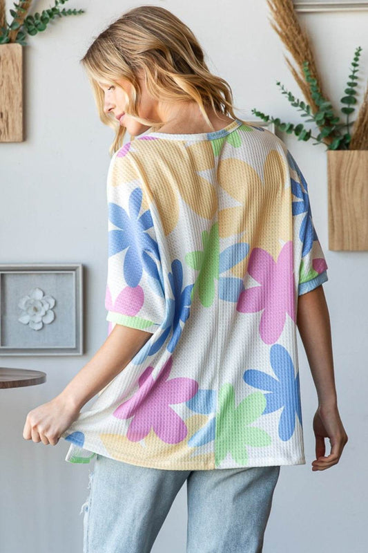 HOPELY Floral Round Neck Waffle T-Shirt - Shop Style & More | Fresh Looks, Everyday Deals & Free Shipping