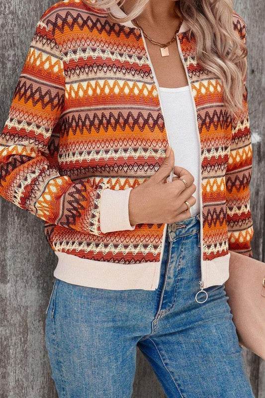 Orange Boho Striped Zip Up Long Sleeve Jacket - Shop Style & More | Fresh Looks, Everyday Deals & Free Shipping