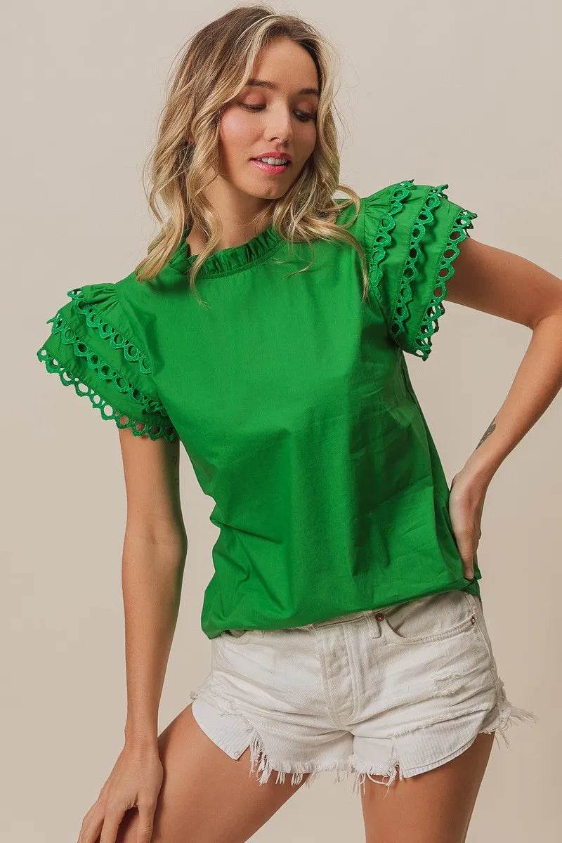 BiBi Solid Woven Circle Trim Ruffle Top - Shop Style & More | Fresh Looks, Everyday Deals & Free Shipping
